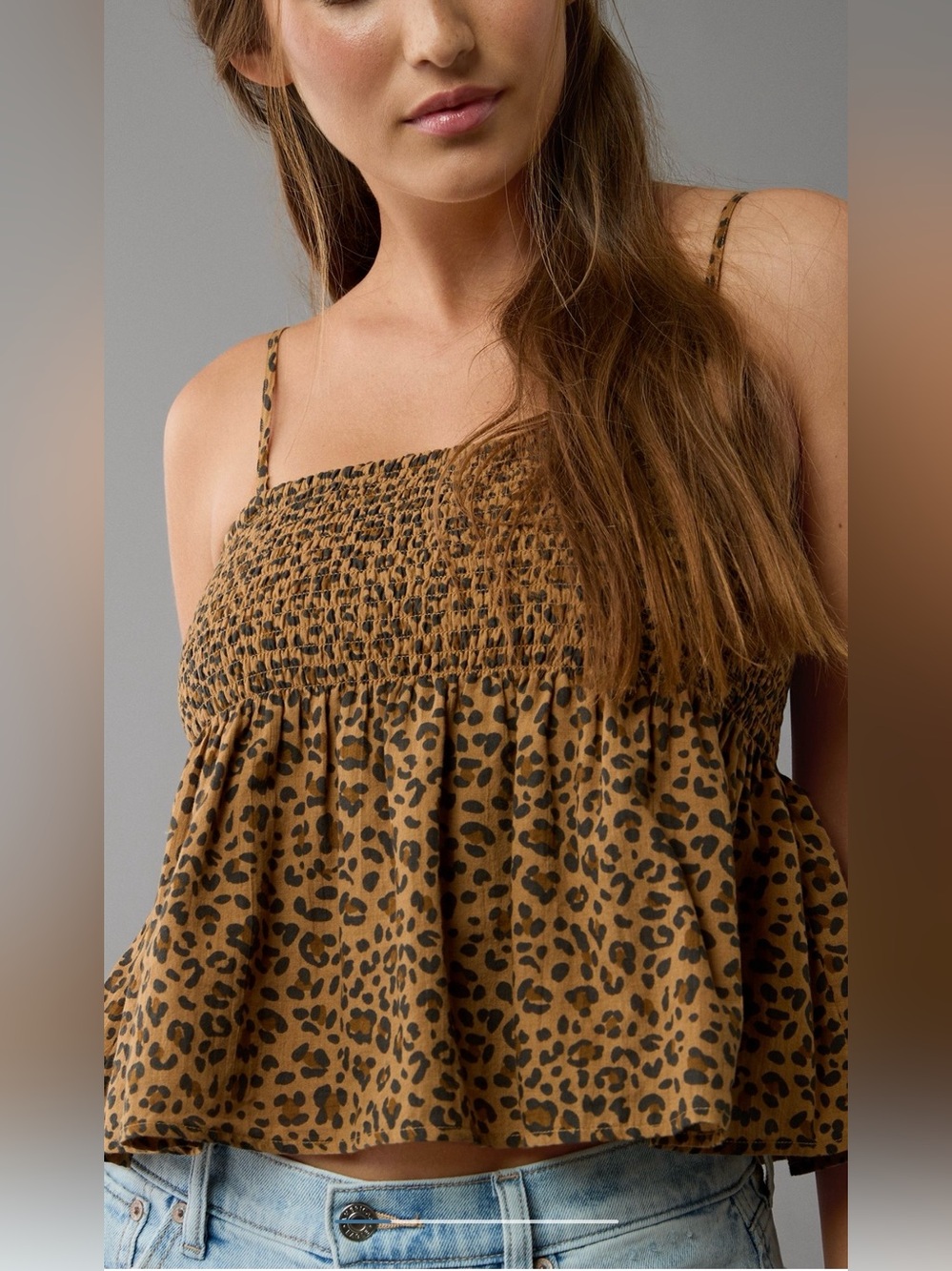 American Eagle Outfitters - Smocked Babydoll Leopard Print Cami Tank / Tube Top
